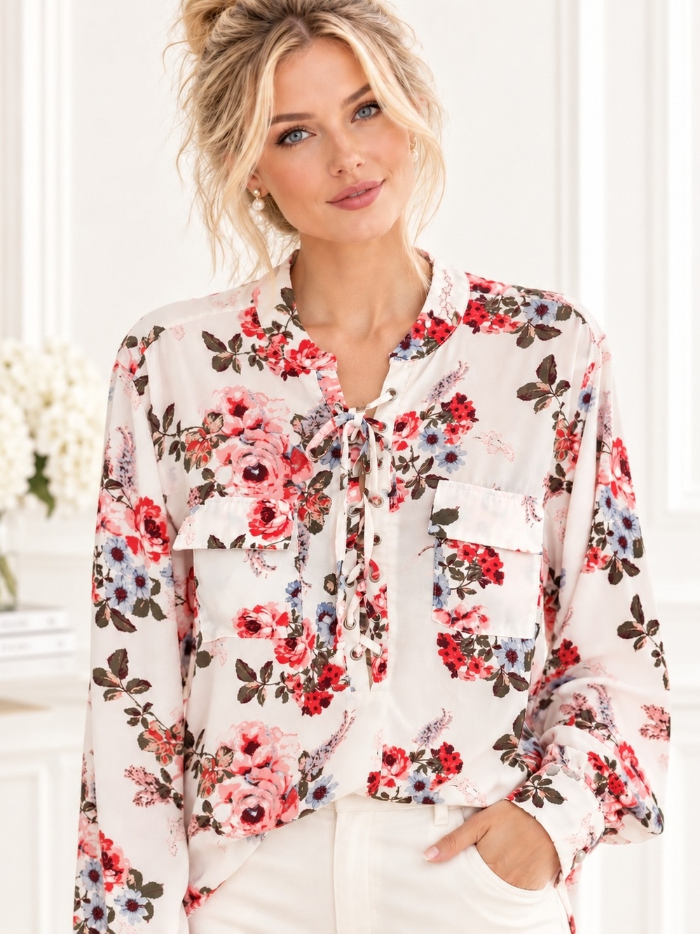 rue+ | Floral Lace Up Blouse Ivory Pink Blue Long Sleeve Plus | Size 2X